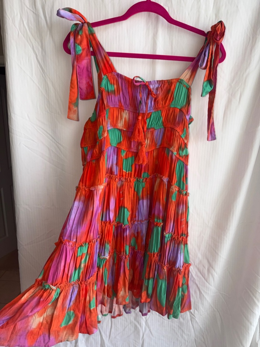 Vibrant Tie-Shoulder Tiered Sundress in Orange, Green & Purple